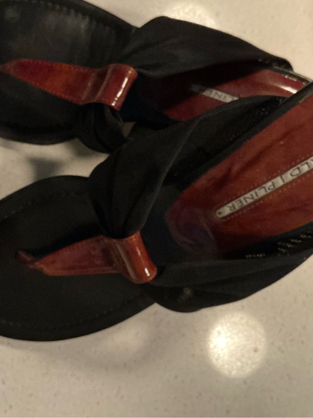 Donald J. Pliner Black Thong Sandals with Brown Leather Details